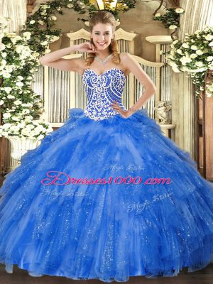 Fancy Blue Ball Gowns Sweetheart Sleeveless Tulle Floor Length Lace Up Beading and Ruffles Sweet 16 Dresses