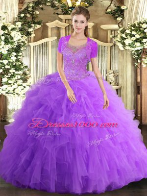 Floor Length Clasp Handle Vestidos de Quinceanera Lavender for Military Ball and Sweet 16 and Quinceanera with Beading and Ruffled Layers