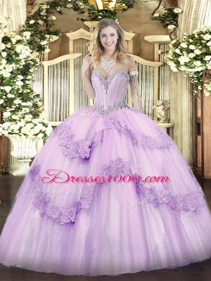 Delicate Lavender Ball Gowns Sweetheart Sleeveless Tulle Floor Length Lace Up Beading and Appliques Vestidos de Quinceanera
