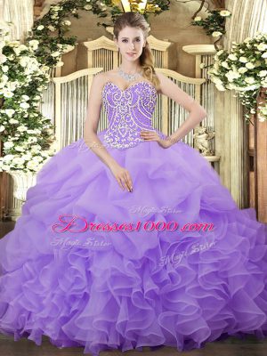 Sleeveless Floor Length Beading and Ruffles and Pick Ups Lace Up 15 Quinceanera Dress with Lilac