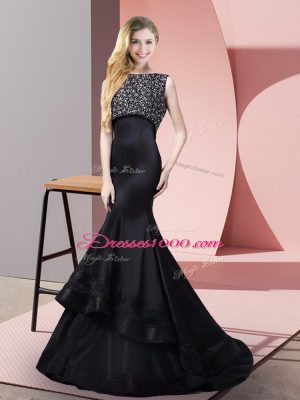 Sumptuous Black Mermaid Bateau Sleeveless Taffeta and Elastic Woven Satin Floor Length Sweep Train Zipper Beading Party Dress Wholesale