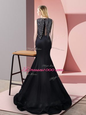 Sumptuous Black Mermaid Bateau Sleeveless Taffeta and Elastic Woven Satin Floor Length Sweep Train Zipper Beading Party Dress Wholesale