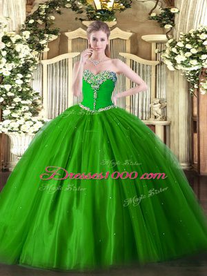 Green Sleeveless Tulle Lace Up Sweet 16 Dress for Military Ball and Sweet 16 and Quinceanera