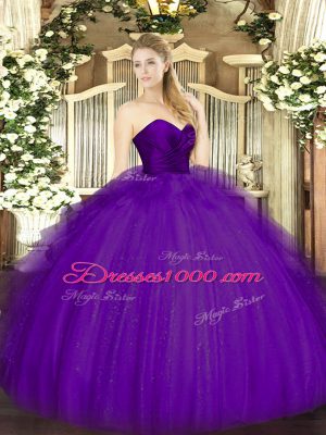 Purple Ball Gowns Sweetheart Sleeveless Tulle Floor Length Zipper Ruffles Vestidos de Quinceanera