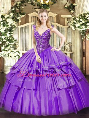 Lavender V-neck Lace Up Beading and Ruffled Layers Quinceanera Dress Sleeveless