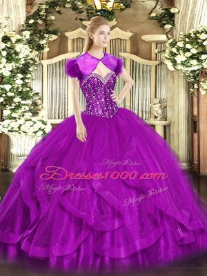 Captivating Fuchsia Ball Gowns Tulle Sweetheart Sleeveless Beading and Ruffles Floor Length Lace Up 15 Quinceanera Dress
