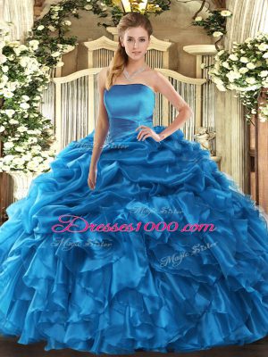 Luxurious Blue Ball Gowns Organza Strapless Sleeveless Ruffles and Pick Ups Floor Length Lace Up Sweet 16 Dress