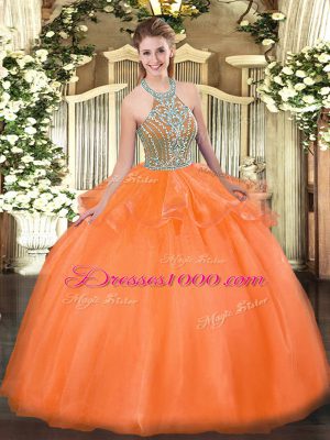 Traditional Orange Red Halter Top Neckline Beading and Ruffles Quinceanera Gown Sleeveless Lace Up