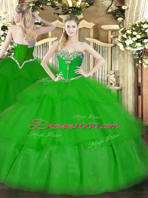 Sumptuous Beading and Ruffled Layers 15th Birthday Dress Green Lace Up Sleeveless Floor Length
