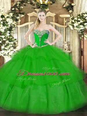 Sumptuous Beading and Ruffled Layers 15th Birthday Dress Green Lace Up Sleeveless Floor Length