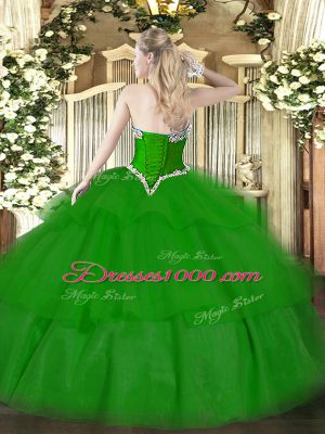 Sumptuous Beading and Ruffled Layers 15th Birthday Dress Green Lace Up Sleeveless Floor Length