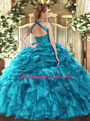Glittering Fuchsia Ball Gowns Organza Halter Top Sleeveless Ruffles and Pick Ups Floor Length Lace Up Quinceanera Dress