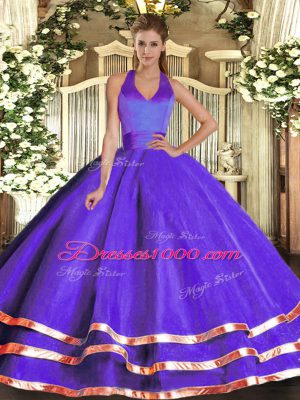 Nice Purple Ball Gowns Ruffled Layers Quince Ball Gowns Lace Up Tulle Sleeveless Floor Length