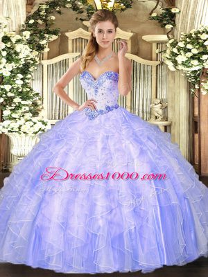 Customized Lavender Sleeveless Floor Length Beading and Ruffles Lace Up 15 Quinceanera Dress