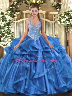 Blue Sleeveless Beading and Ruffles Floor Length Quinceanera Gown