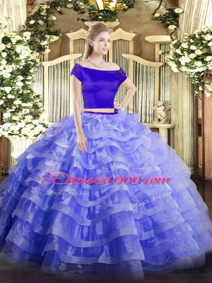 New Arrival Blue Zipper Off The Shoulder Appliques and Ruffled Layers Vestidos de Quinceanera Tulle Short Sleeves