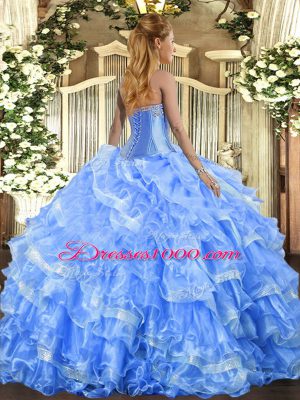 Sleeveless Organza Floor Length Lace Up Quinceanera Gowns in Orange Red with Beading and Ruffled Layers