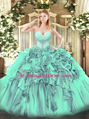 Custom Designed Turquoise Lace Up Quince Ball Gowns Beading and Ruffles Sleeveless Floor Length