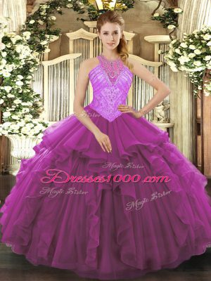 Delicate Floor Length Lace Up Quinceanera Gowns Fuchsia for Military Ball and Sweet 16 and Quinceanera with Beading and Ruffles