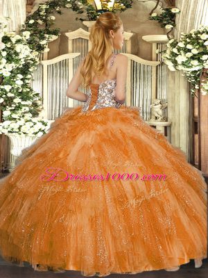 Coral Red Sleeveless Floor Length Beading and Ruffles Lace Up Quince Ball Gowns