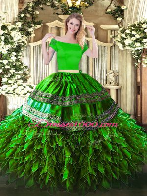 Artistic Green Two Pieces Organza and Taffeta Off The Shoulder Short Sleeves Embroidery and Ruffles Floor Length Zipper Quince Ball Gowns