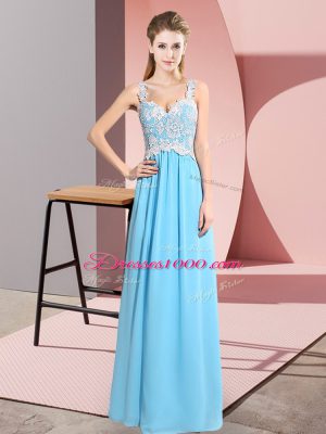 Great Baby Blue Sleeveless Lace Floor Length Homecoming Dress