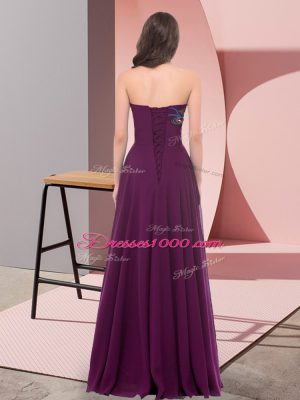 Dark Purple Empire Chiffon Sweetheart Sleeveless Embroidery Floor Length Lace Up Womens Party Dresses