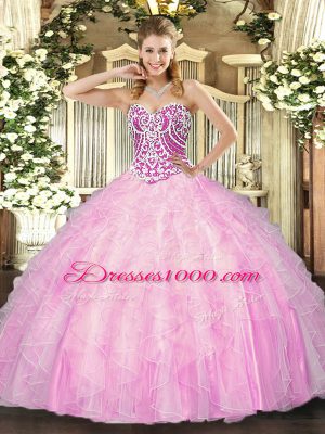 Classical Sweetheart Sleeveless Lace Up Quinceanera Gowns Rose Pink Tulle