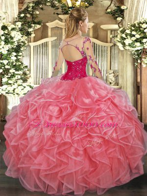 Rose Pink Long Sleeves Lace and Ruffles Floor Length Sweet 16 Dresses