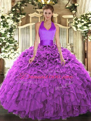 Fuchsia Halter Top Lace Up Ruffles Sweet 16 Quinceanera Dress Sleeveless