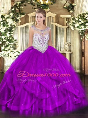 Wonderful Eggplant Purple Tulle Zipper Scoop Sleeveless Floor Length Sweet 16 Dresses Beading and Ruffles