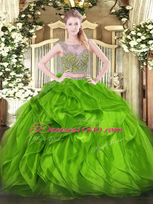 Green Scoop Neckline Beading and Ruffles Quinceanera Gown Sleeveless Lace Up
