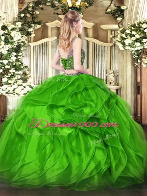 Green Scoop Neckline Beading and Ruffles Quinceanera Gown Sleeveless Lace Up