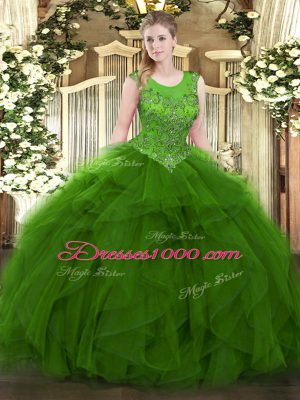Great Green Sleeveless Beading and Ruffles Floor Length 15 Quinceanera Dress