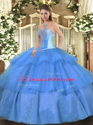 Elegant Baby Blue Lace Up Sweet 16 Dresses Beading and Ruffled Layers Sleeveless Floor Length