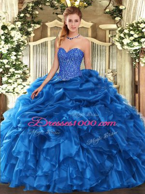 Deluxe Organza Sweetheart Sleeveless Lace Up Beading and Ruffles and Pick Ups 15 Quinceanera Dress in Blue