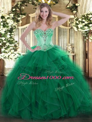 New Style Sleeveless Floor Length Beading and Ruffles Lace Up Ball Gown Prom Dress with Dark Green