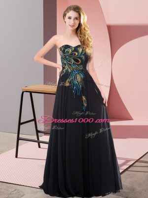 Elegant Floor Length Lace Up Evening Dress Black for Prom and Party with Embroidery