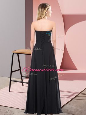 Elegant Floor Length Lace Up Evening Dress Black for Prom and Party with Embroidery