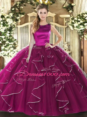 Fuchsia Sleeveless Ruffles Floor Length Ball Gown Prom Dress