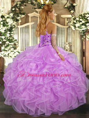 Vintage Peach Ball Gowns Halter Top Sleeveless Organza Floor Length Lace Up Beading and Embroidery and Ruffles 15th Birthday Dress