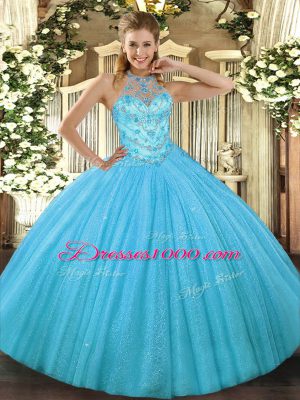 Aqua Blue Sleeveless Beading and Embroidery Floor Length 15 Quinceanera Dress
