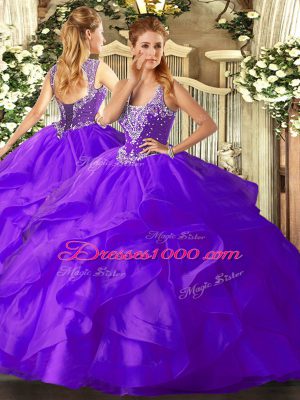 Dynamic Sleeveless Floor Length Beading and Ruffles Lace Up Quince Ball Gowns with Purple