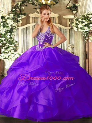 Dynamic Sleeveless Floor Length Beading and Ruffles Lace Up Quince Ball Gowns with Purple