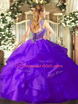Dynamic Sleeveless Floor Length Beading and Ruffles Lace Up Quince Ball Gowns with Purple