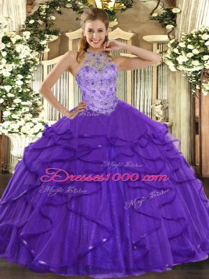 Delicate Floor Length Purple 15th Birthday Dress Organza Sleeveless Beading and Ruffles