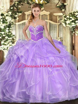 Admirable Lavender Ball Gowns Organza Sweetheart Sleeveless Beading and Ruffles Floor Length Lace Up Quinceanera Gown