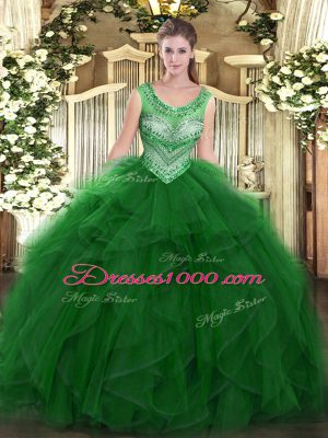 Green Sleeveless Beading and Ruffles Floor Length Quinceanera Dresses