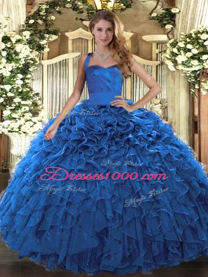 Sweet Sleeveless Floor Length Ruffles Lace Up Quinceanera Dresses with Blue