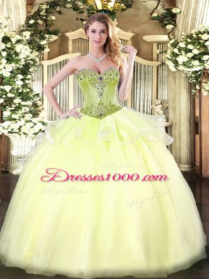 Fashionable Light Yellow Lace Up Sweet 16 Dress Beading Sleeveless Floor Length